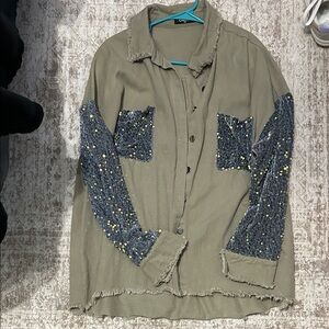 Umgee Khaki and Navy Sequin Utility Jacket